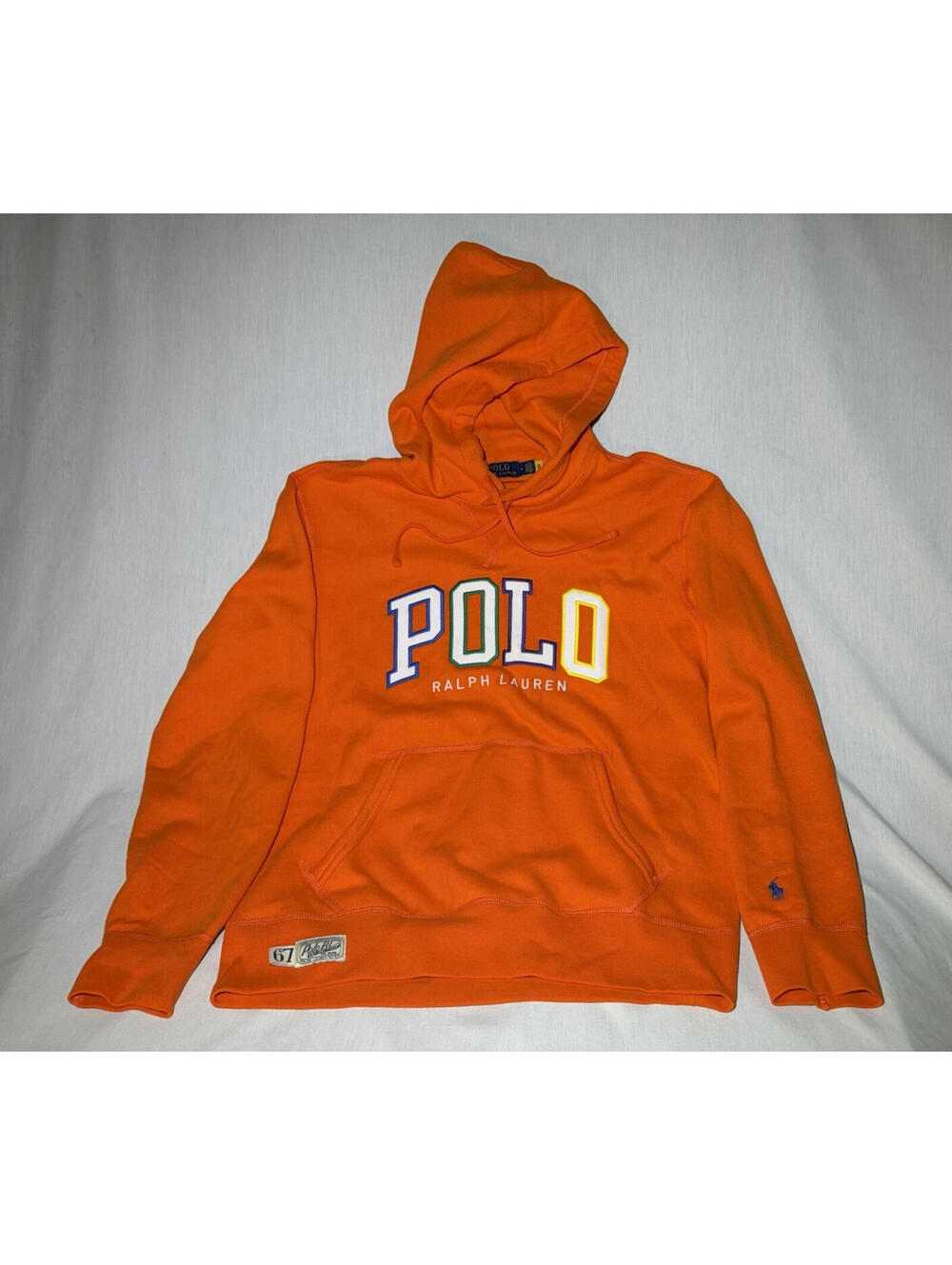 Polo Ralph Lauren Men's Orange Pullover Hoodie Graphic Logo Pockets M